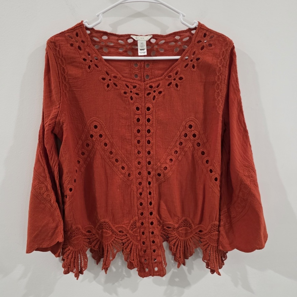 Womens Eyelet Boho Top Size Xs Orange Fairy Nature